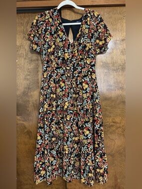 Madewell Black Floral Midi Dress with Yellow, Coral, and Light Blue Flowers
